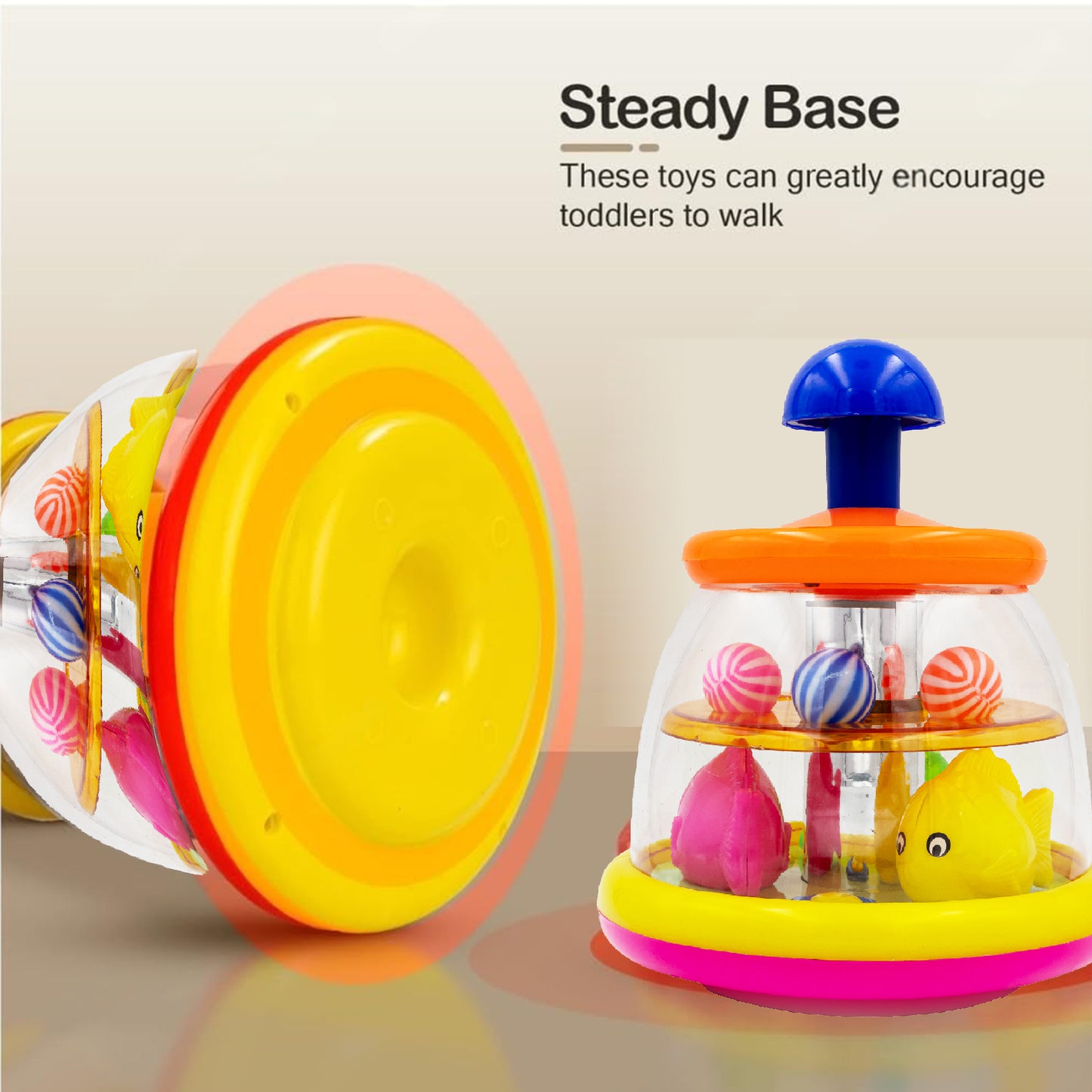 ToyBharat Push & Spin Fish & Ball Toy features a musical spinner with colorful fish and light-up balls. A multicolour interactive toy for toddlers that promotes learning through music, motion, and bright visuals.