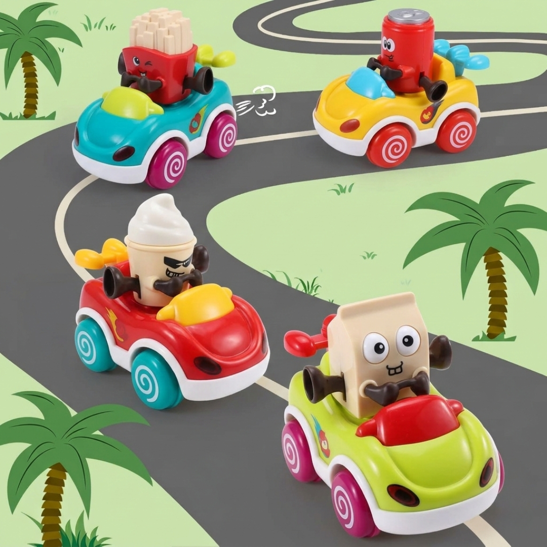 Toybharat  Pack of 4 Foodie Toy Cars | Friction Powered Vehicles | Educational Baby Cars for 1-3 Years | Cartoon Themed Mr Chips, Mr Milk, Mr Coca, Mr Icecream.| For Unisex Kids.