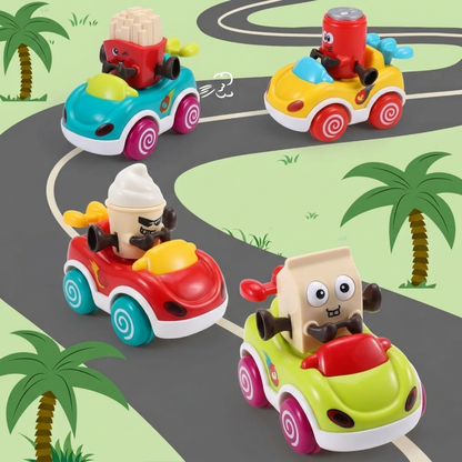 Toybharat  Pack of 4 Foodie Toy Cars | Friction Powered Vehicles | Educational Baby Cars for 1-3 Years | Cartoon Themed Mr Chips, Mr Milk, Mr Coca, Mr Icecream.| For Unisex Kids.