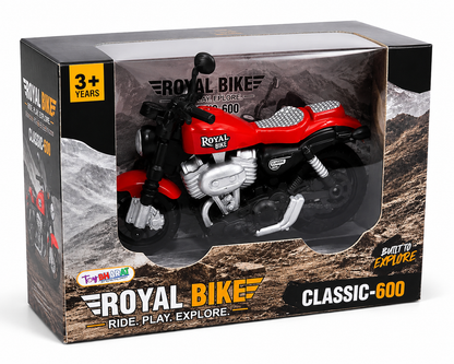 ToyBharat Royal Bike is a multicolour friction-powered travel toy with a stylish design, perfect for kids aged 1 to 6 years. Made from safe, non-toxic materials, it's durable, fun, and a great birthday gift.
