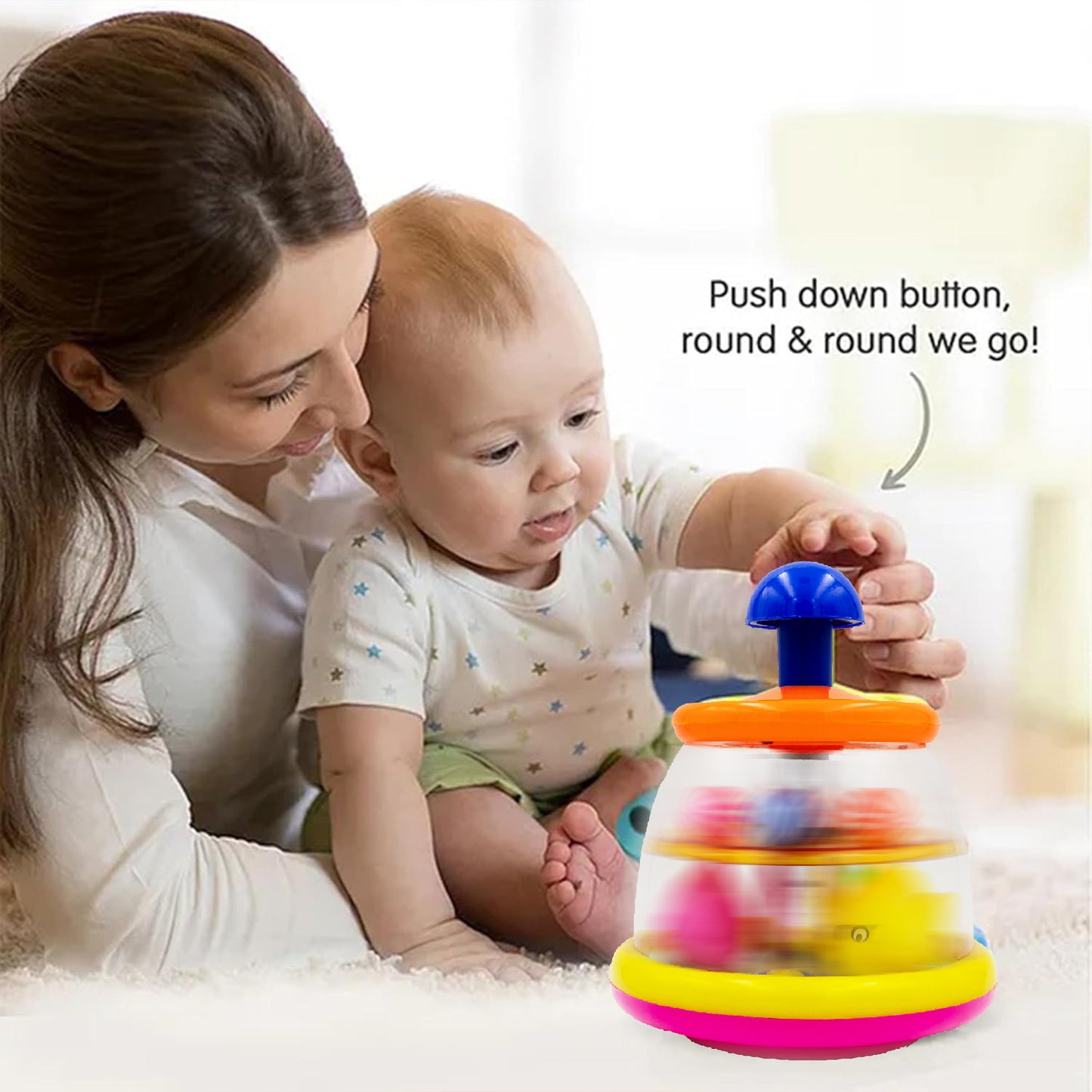ToyBharat Push & Spin Fish & Ball Toy features a musical spinner with colorful fish and light-up balls. A multicolour interactive toy for toddlers that promotes learning through music, motion, and bright visuals.