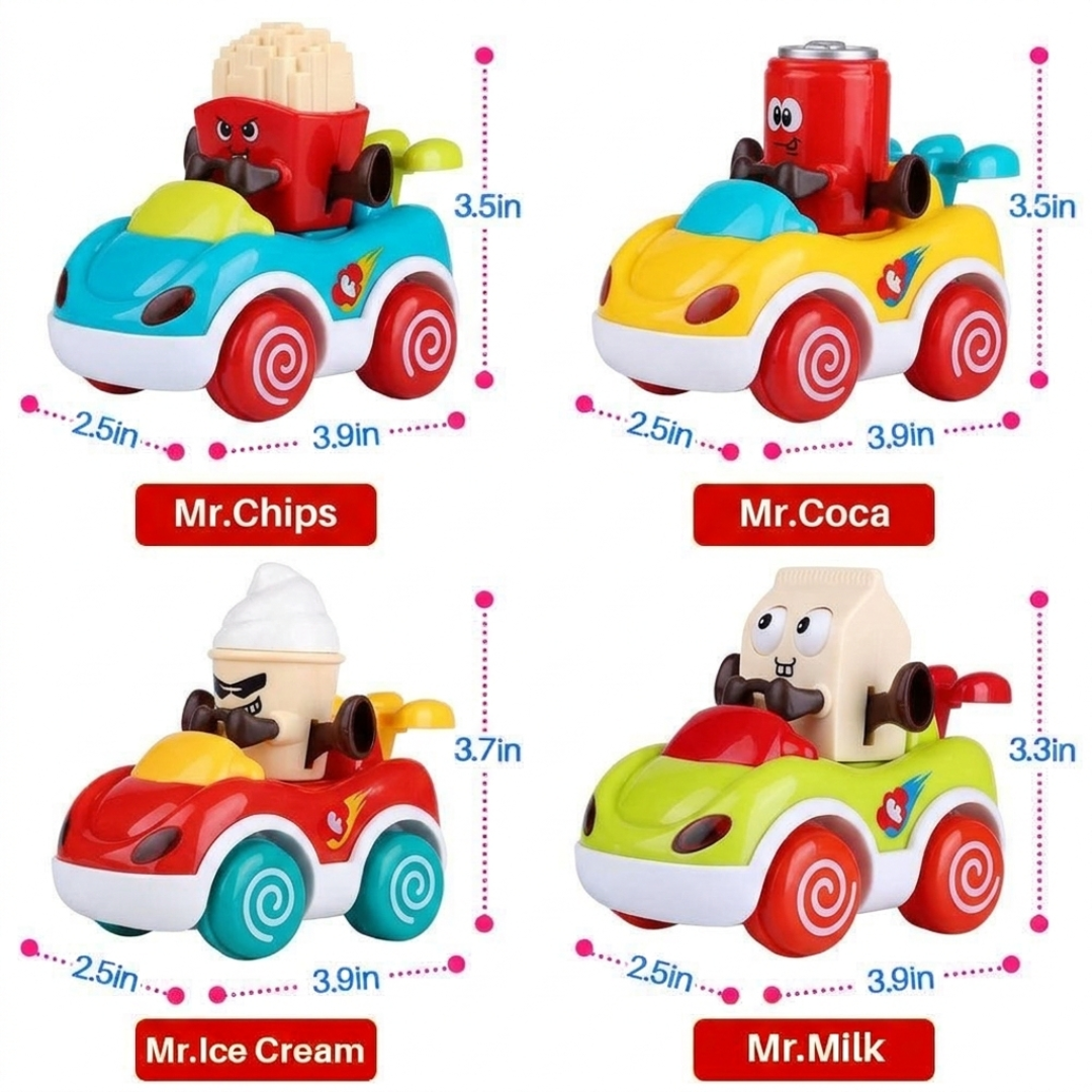 Toybharat  Pack of 4 Foodie Toy Cars | Friction Powered Vehicles | Educational Baby Cars for 1-3 Years | Cartoon Themed Mr Chips, Mr Milk, Mr Coca, Mr Icecream.| For Unisex Kids.