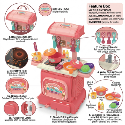 Toybharat 2-in-1 Kitchen Set | Cooking Pretend Play Toy | Portable School Bag Style Kitchen Playset for Girls & Boys Age 3–7 | Role Play Cooking Game | Birthday Gift for Kids