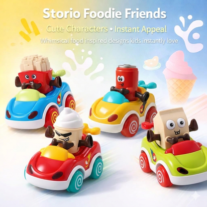 Toybharat  Pack of 4 Foodie Toy Cars | Friction Powered Vehicles | Educational Baby Cars for 1-3 Years | Cartoon Themed Mr Chips, Mr Milk, Mr Coca, Mr Icecream.| For Unisex Kids.
