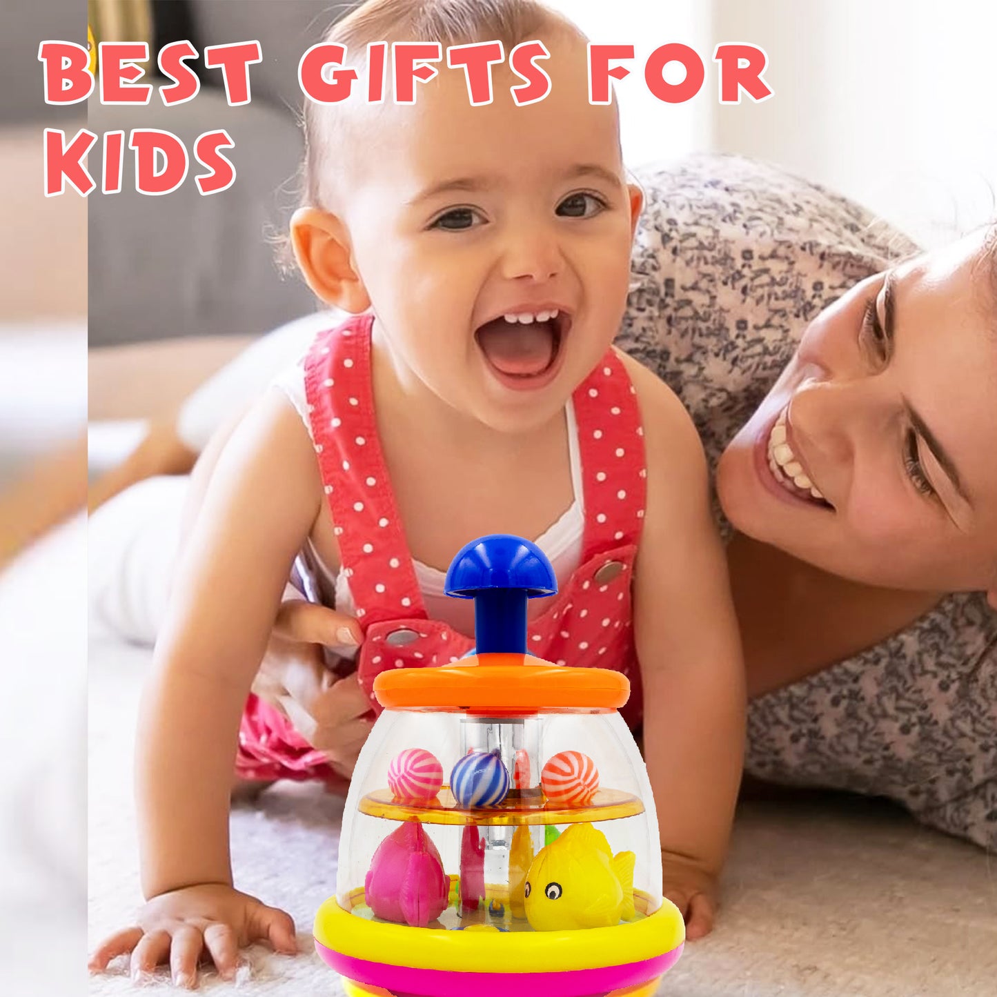 ToyBharat Push & Spin Fish & Ball Toy features a musical spinner with colorful fish and light-up balls. A multicolour interactive toy for toddlers that promotes learning through music, motion, and bright visuals.