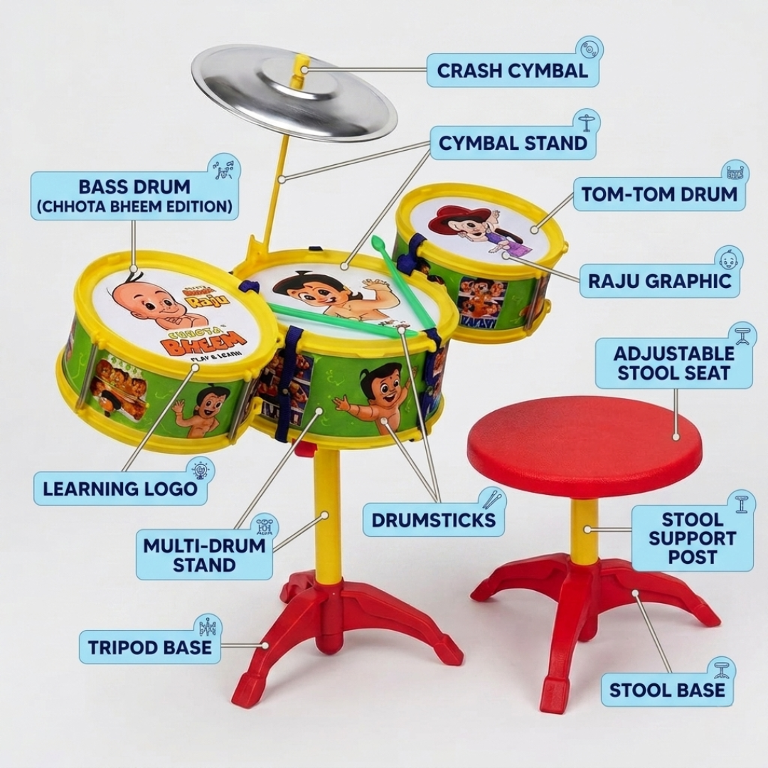 Toybharat Chota Bheem Hip Hop Drum Set Musical Band for Kids, Mini Band Rock Set Musical Instruments Playset, Birthday Gift (Small Drum Set, Age 3-6 Years) | Single Colour | Activity Toys| For Unisex Kids Age For 3-12Years|