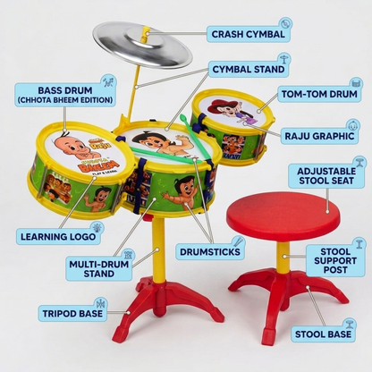 Toybharat Chota Bheem Hip Hop Drum Set Musical Band for Kids, Mini Band Rock Set Musical Instruments Playset, Birthday Gift (Small Drum Set, Age 3-6 Years) | Single Colour | Activity Toys| For Unisex Kids Age For 3-12Years|