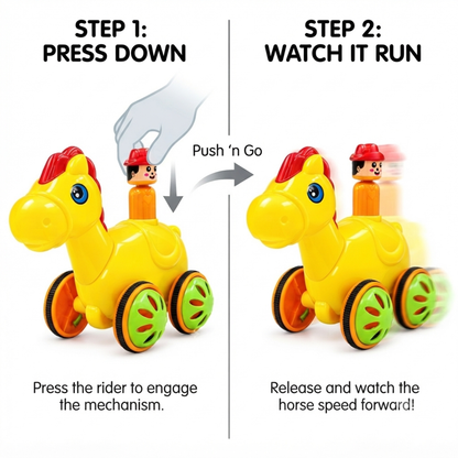 ToyBharat Push N Go Horse – A fun travel toy for kids aged 1-6 years with a realistic design. Made in India, safe and non-toxic, ideal for indoor and outdoor play. A perfect multicolour birthday gift for kids.
