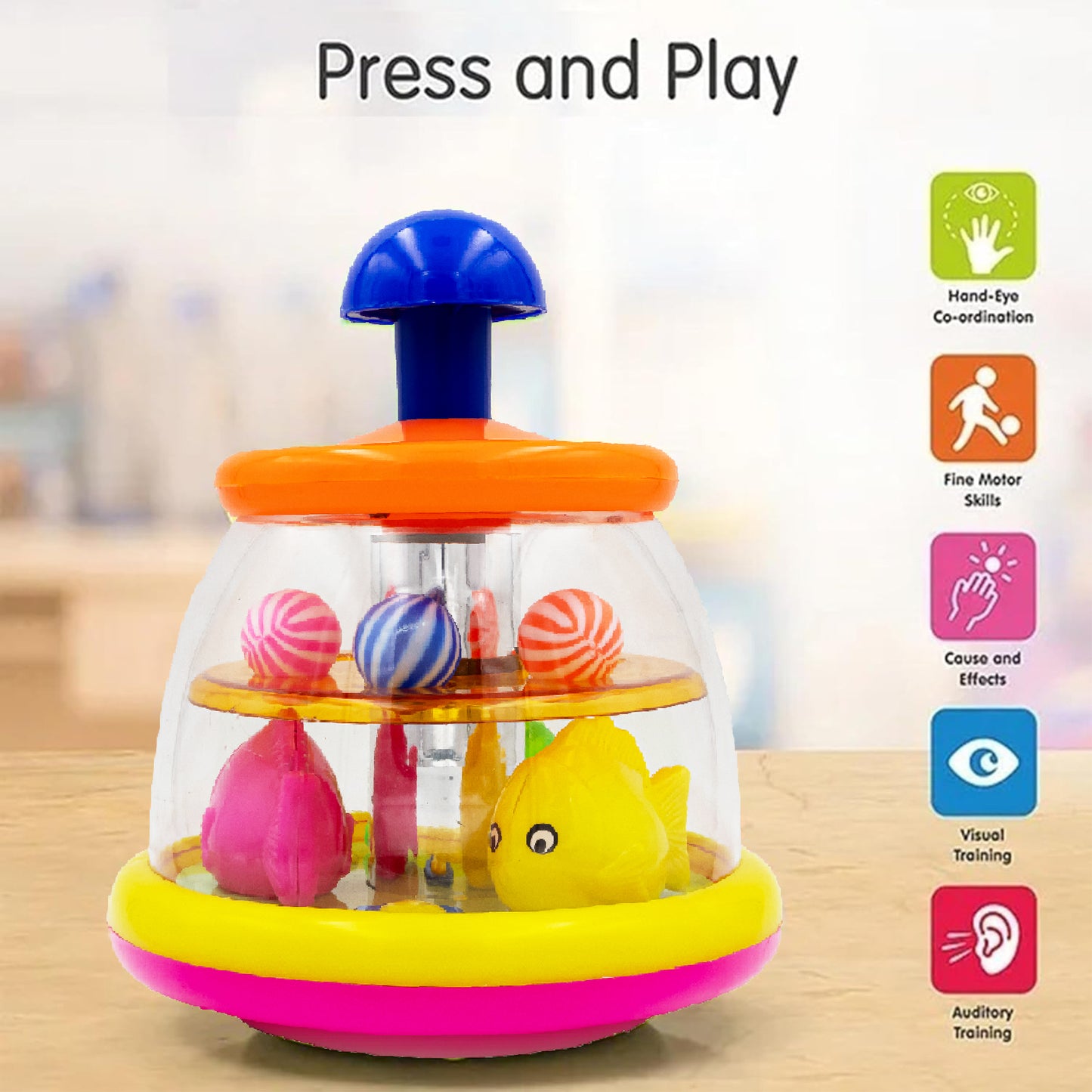 ToyBharat Push & Spin Fish & Ball Toy features a musical spinner with colorful fish and light-up balls. A multicolour interactive toy for toddlers that promotes learning through music, motion, and bright visuals.