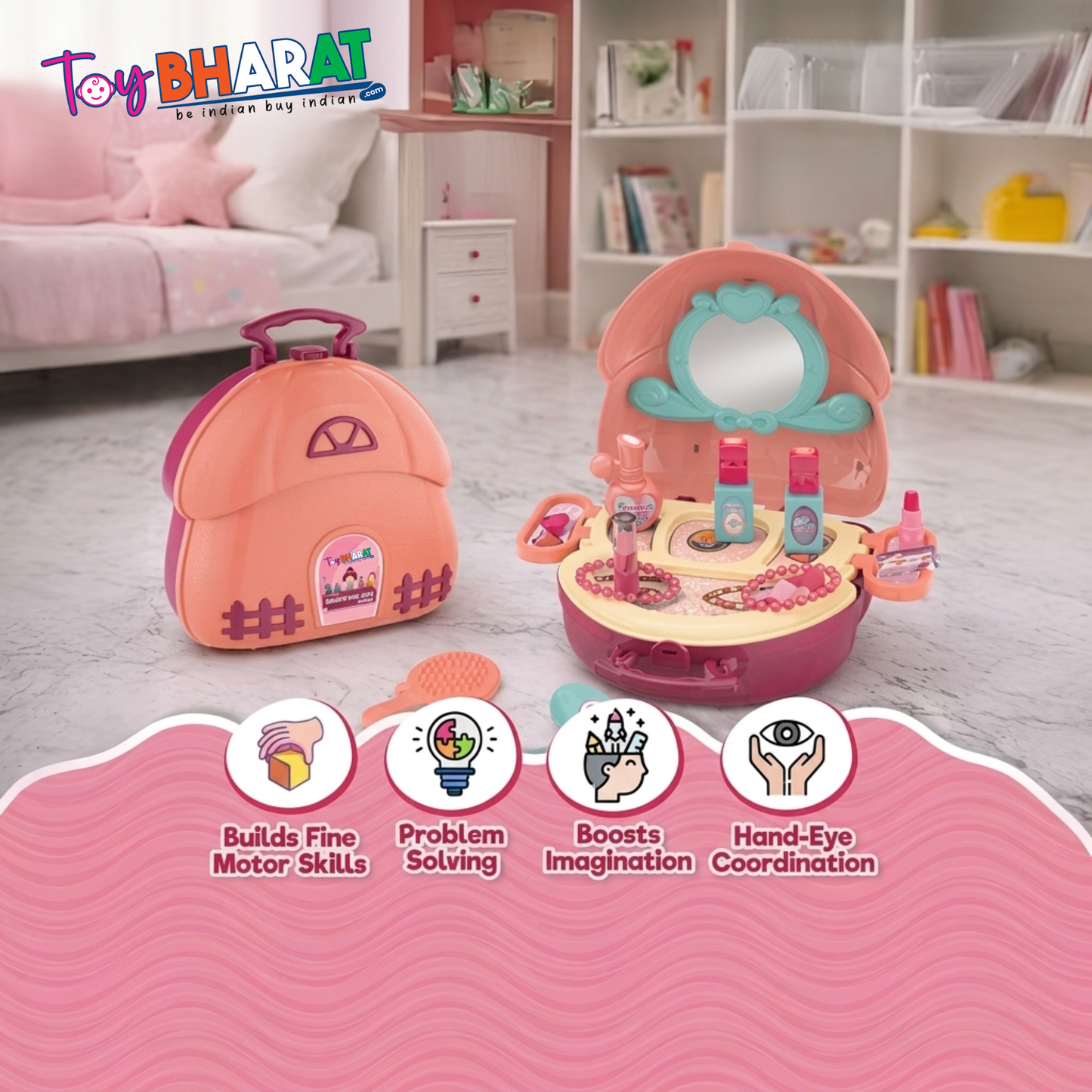 Toybharat Makeup Kit Set for Kids Ages 3-6 Year Old Girls | 2-in-1 Playset Portable Pretend Play Toy for Baby Girl | Activity Toys| Safe and Non-Toxic | Lightweight Bag Style Kit | Birthday Gift for Girls of 3 to 6