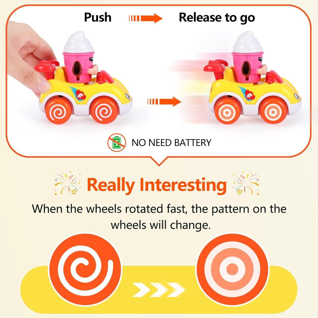 Toybharat  Pack of 4 Foodie Toy Cars | Friction Powered Vehicles | Educational Baby Cars for 1-3 Years | Cartoon Themed Mr Chips, Mr Milk, Mr Coca, Mr Icecream.| For Unisex Kids.