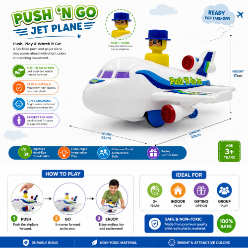 ToyBharat Push n Go Jet – A fun multicolour travel toy for kids aged 1-6 years. With realistic design and smooth push-and-go action, it's safe, non-toxic, and perfect as a birthday gift for indoor and outdoor play.