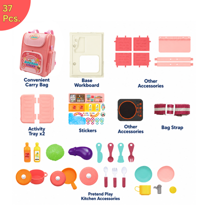 Toybharat 2-in-1 Kitchen Set | Cooking Pretend Play Toy | Portable School Bag Style Kitchen Playset for Girls & Boys Age 3–7 | Role Play Cooking Game | Birthday Gift for Kids