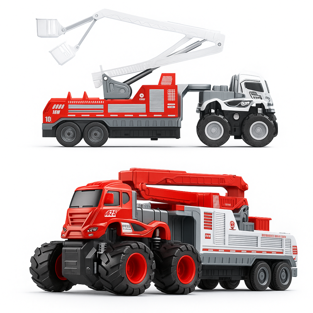 ToyBharat ABS Monster carrier truck fire Toy set with friction-powered cars, flashing lights, and music. A fun and educational emergency vehicle toy for boys and girls age 3+, ideal for birthdays and learning play.