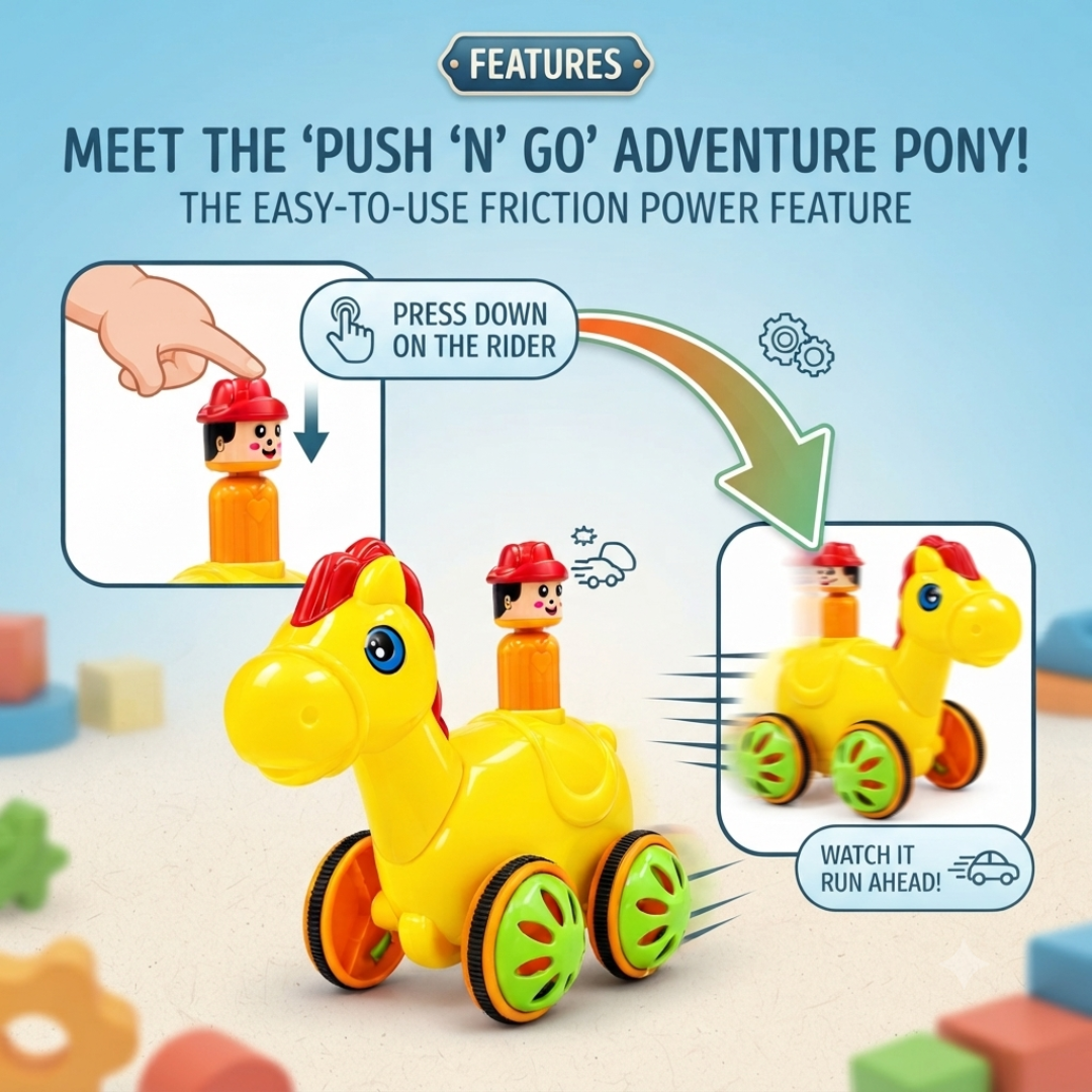 ToyBharat Push N Go Horse – A fun travel toy for kids aged 1-6 years with a realistic design. Made in India, safe and non-toxic, ideal for indoor and outdoor play. A perfect multicolour birthday gift for kids.