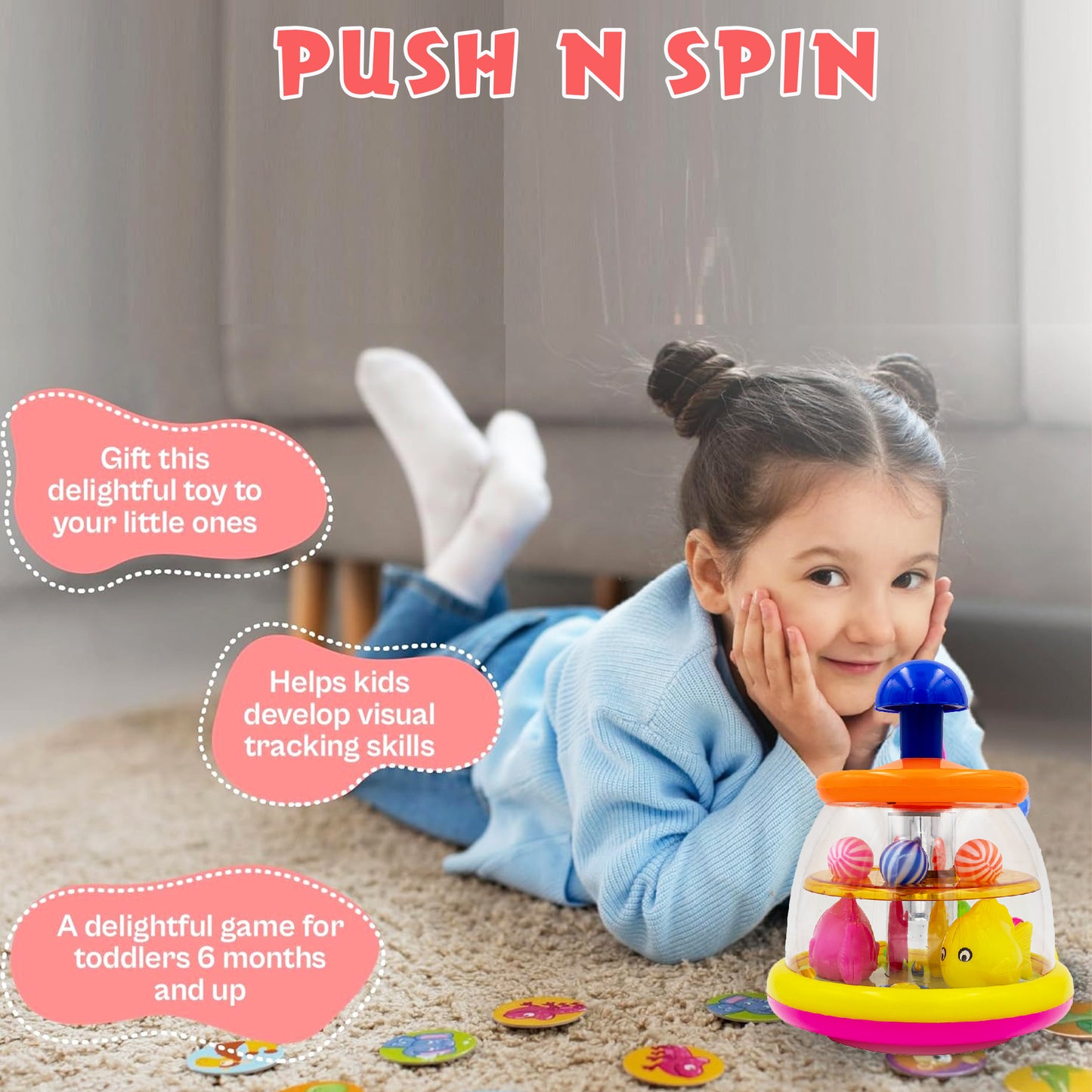 ToyBharat Push & Spin Fish & Ball Toy features a musical spinner with colorful fish and light-up balls. A multicolour interactive toy for toddlers that promotes learning through music, motion, and bright visuals.