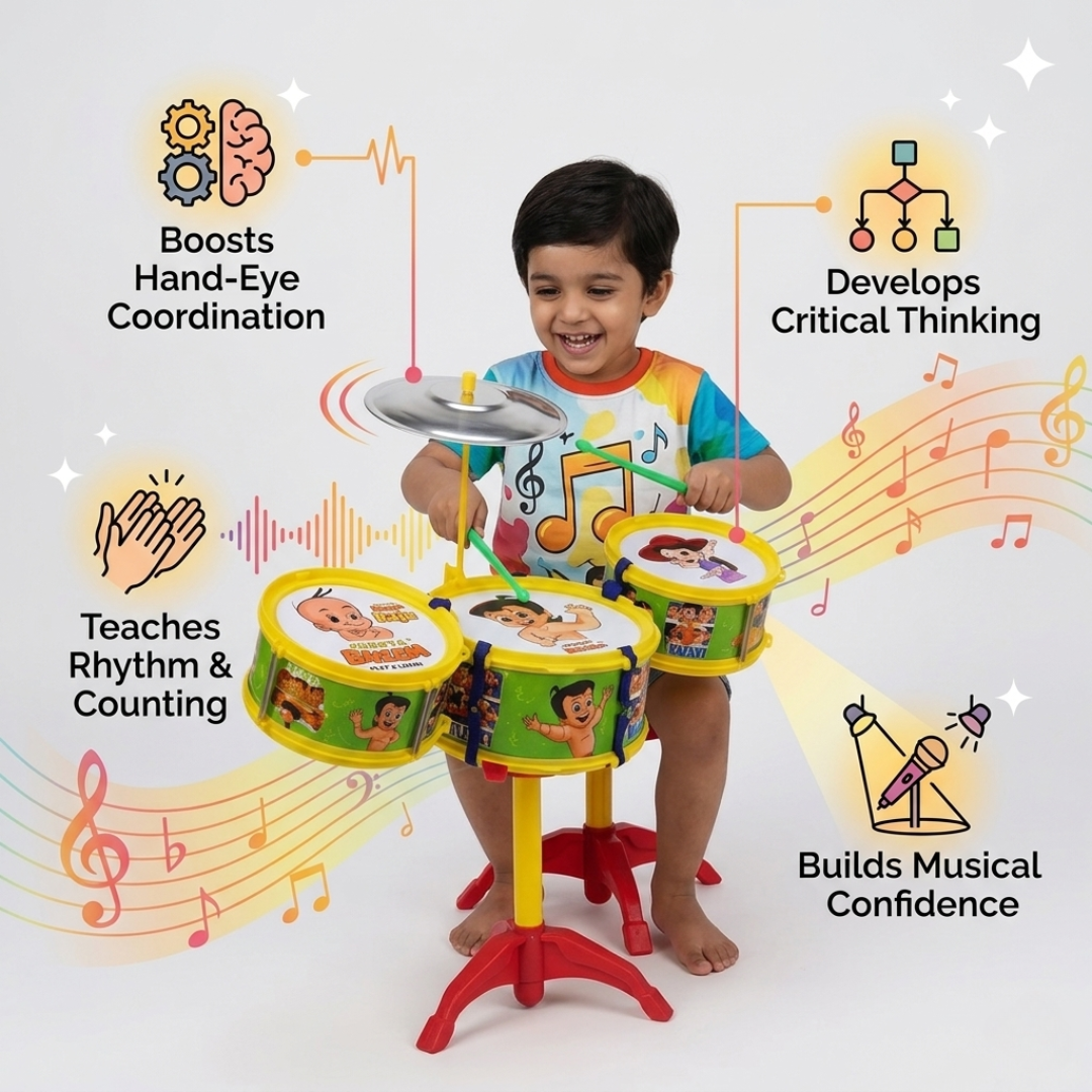 Toybharat Chota Bheem Hip Hop Drum Set Musical Band for Kids, Mini Band Rock Set Musical Instruments Playset, Birthday Gift (Small Drum Set, Age 3-6 Years) | Single Colour | Activity Toys| For Unisex Kids Age For 3-12Years|