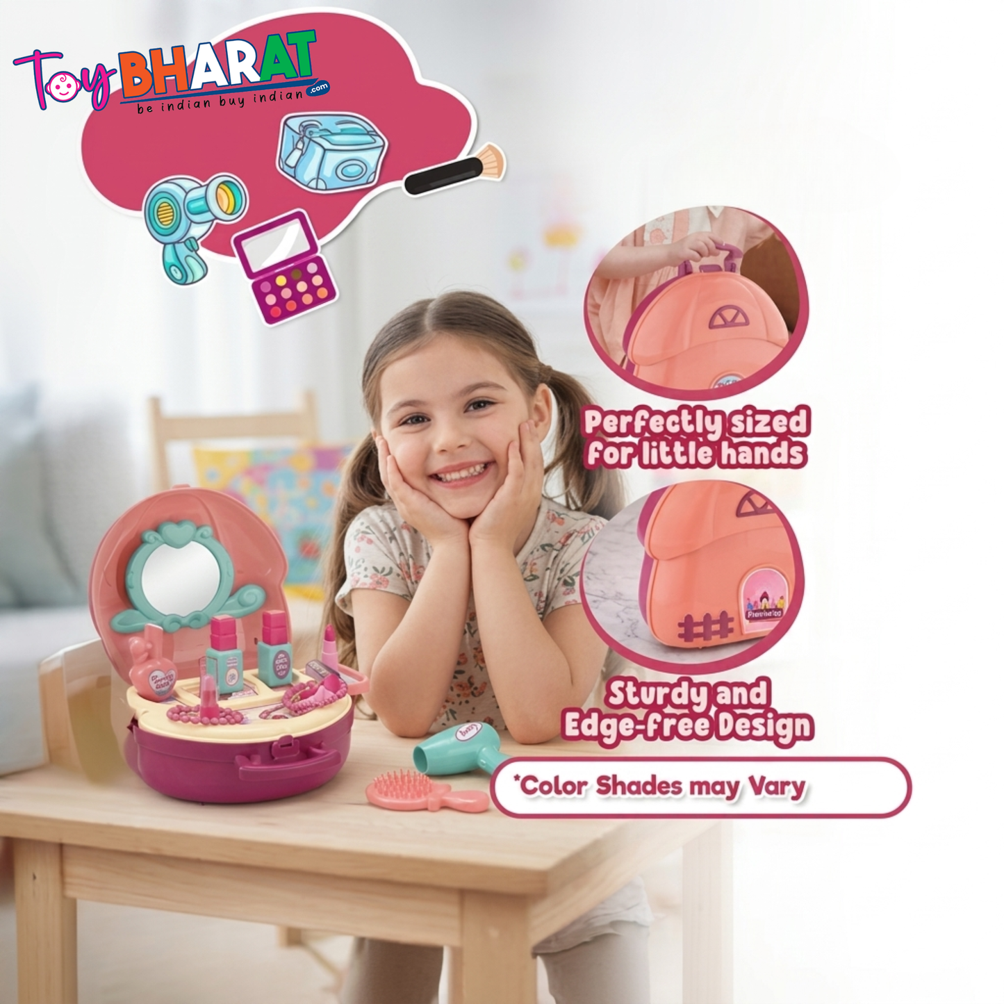 Toybharat Makeup Kit Set for Kids Ages 3-6 Year Old Girls | 2-in-1 Playset Portable Pretend Play Toy for Baby Girl | Activity Toys| Safe and Non-Toxic | Lightweight Bag Style Kit | Birthday Gift for Girls of 3 to 6