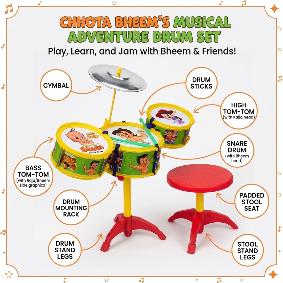 Toybharat Chota Bheem Hip Hop Drum Set Musical Band for Kids, Mini Band Rock Set Musical Instruments Playset, Birthday Gift (Small Drum Set, Age 3-6 Years) | Single Colour | Activity Toys| For Unisex Kids Age For 3-12Years|
