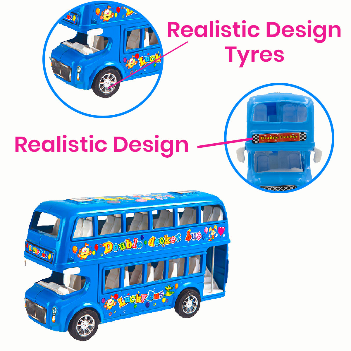ToyBharat Double Decker Bus Friction Power Toy in Multicolour with Realistic Design is a perfect Kids Gift for ages 1-6 Years. Safe, Non-Toxic, Battery-Free, great for Indoor and Outdoor Play adventures.