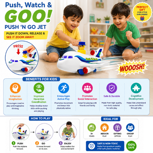 ToyBharat Push n Go Jet – A fun multicolour travel toy for kids aged 1-6 years. With realistic design and smooth push-and-go action, it's safe, non-toxic, and perfect as a birthday gift for indoor and outdoor play.