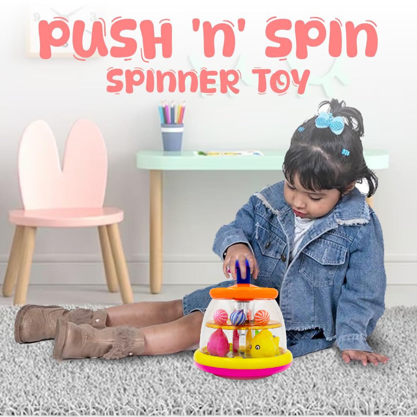 ToyBharat Push & Spin Fish & Ball Toy features a musical spinner with colorful fish and light-up balls. A multicolour interactive toy for toddlers that promotes learning through music, motion, and bright visuals.
