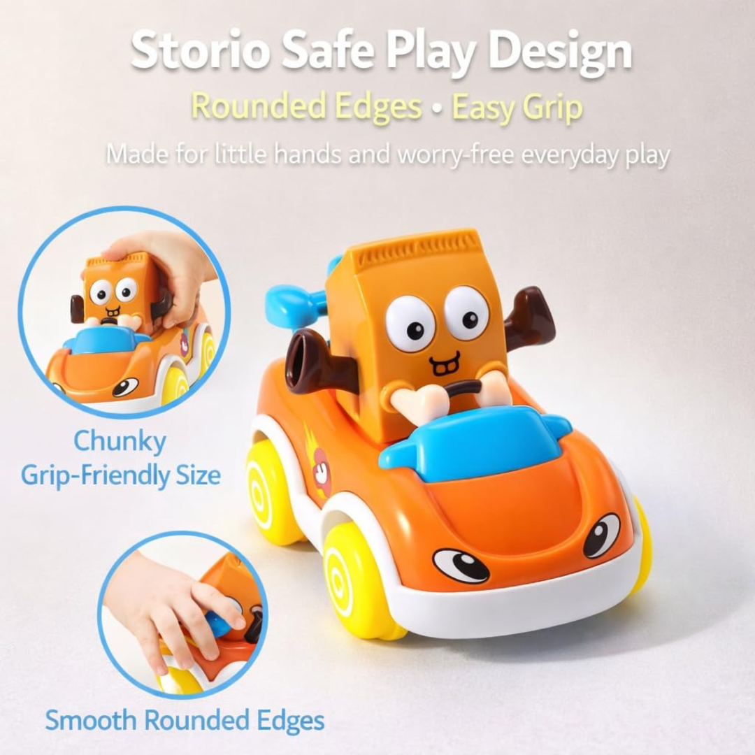 Toybharat  Pack of 4 Foodie Toy Cars | Friction Powered Vehicles | Educational Baby Cars for 1-3 Years | Cartoon Themed Mr Chips, Mr Milk, Mr Coca, Mr Icecream.| For Unisex Kids.