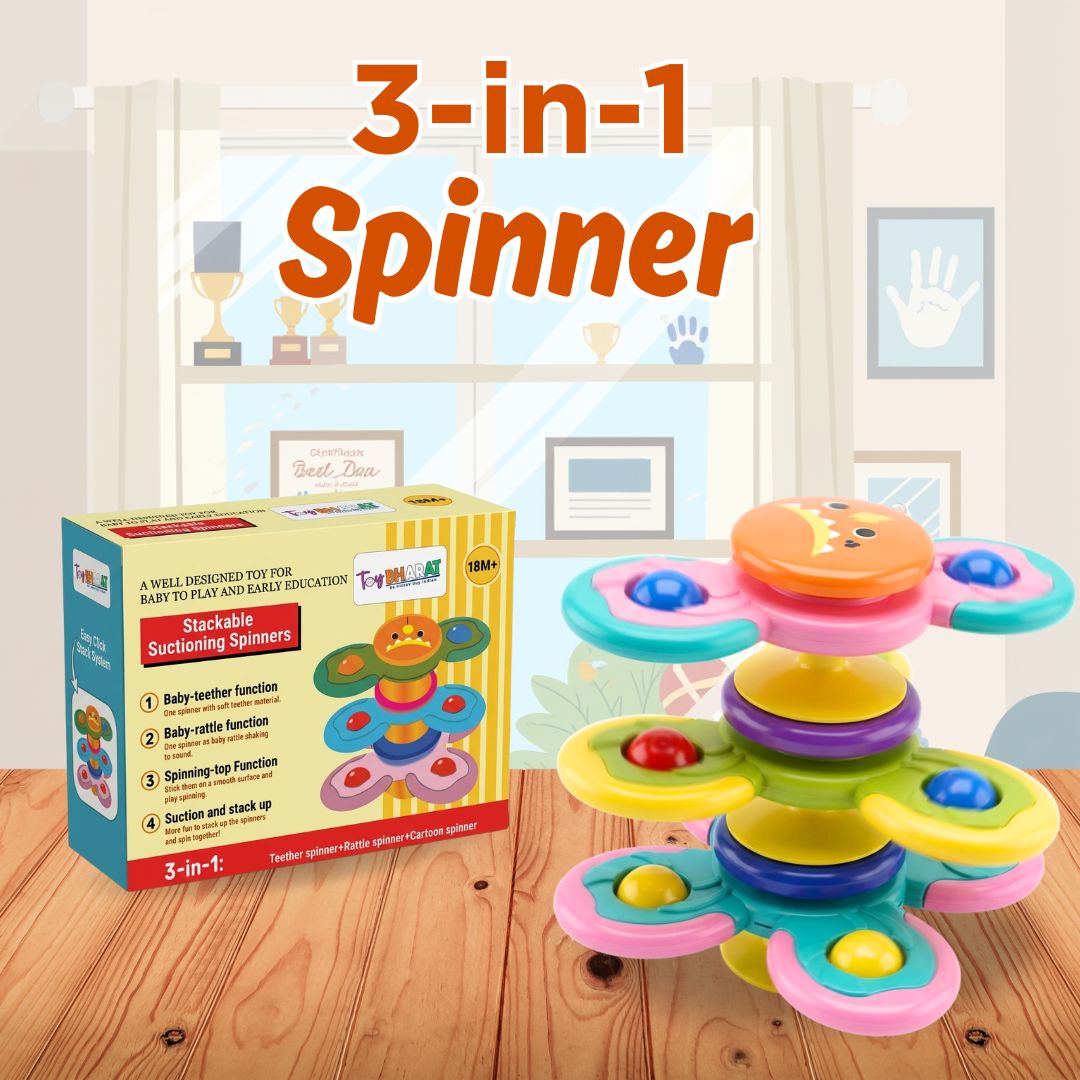 ToyBharat 2 in 1 Spinner is a multicolour interactive toy set that promotes motor skills and sensory play. Safe, non-toxic, and perfect for indoor and outdoor fun. A great birthday gift for baby boys and girls.