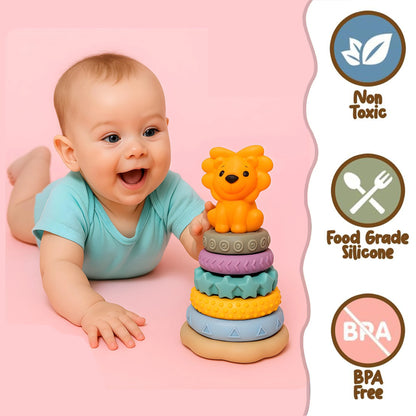 ToyBharat Ring-A-Roos is a soft, colourful stacker toy with a lion top, designed for babies and toddlers. BPA-free and chewable, it supports sensory learning, hand-eye coordination, and safe teething fun.