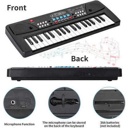 ToyBharat Portable Musical Keyboard with Microphone | 37 Keys, 8 Rhythms, 8 Tones with 6 In-Built Demos & Song Record Feature|Black Color, Dual Power Supply Source: Micro USB Cable (Included)