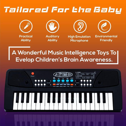 ToyBharat Portable Musical Keyboard with Microphone | 37 Keys, 8 Rhythms, 8 Tones with 6 In-Built Demos & Song Record Feature|Black Color, Dual Power Supply Source: Micro USB Cable (Included)