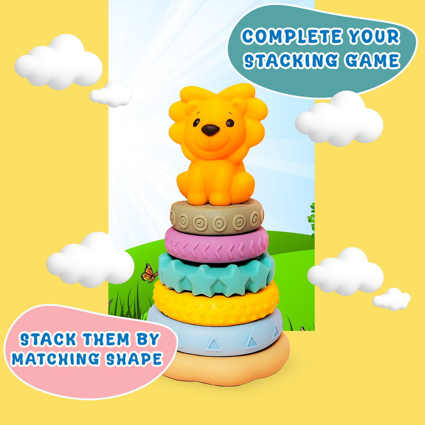 ToyBharat Ring-A-Roos is a soft, colourful stacker toy with a lion top, designed for babies and toddlers. BPA-free and chewable, it supports sensory learning, hand-eye coordination, and safe teething fun.