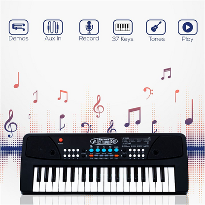 ToyBharat Portable Musical Keyboard with Microphone | 37 Keys, 8 Rhythms, 8 Tones with 6 In-Built Demos & Song Record Feature|Black Color, Dual Power Supply Source: Micro USB Cable (Included)