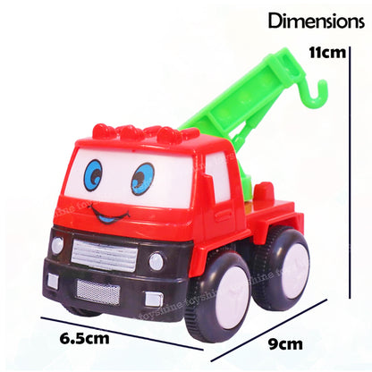 ToyBharat Construction Series 4pc Toy Car Set. Combination of 4 Vehicles, Funny Design with Eyes, Attractive Colour. Set of Dumper, Crane, Garbage Truck and Cement Mixer.