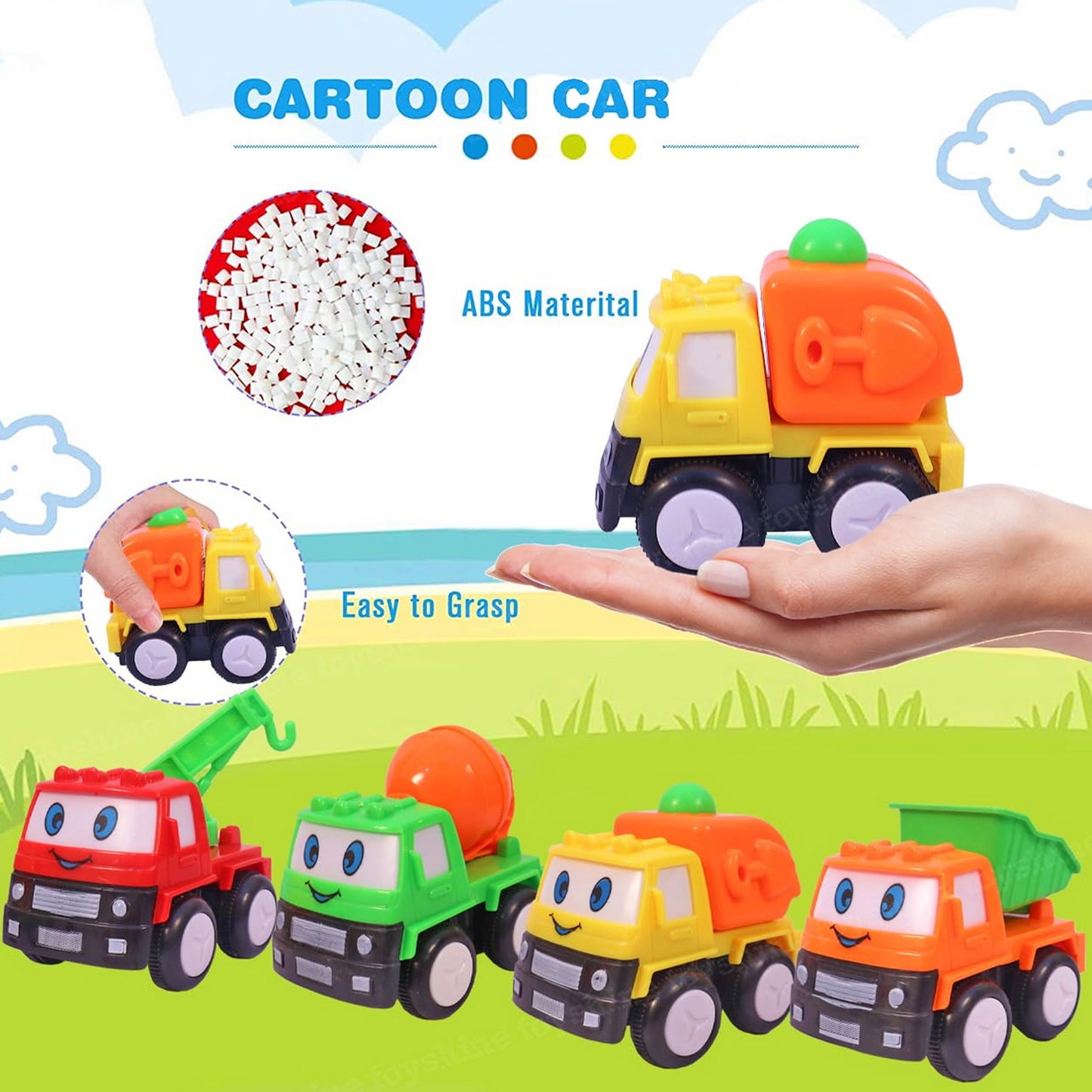 ToyBharat Construction Series 4pc Toy Car Set. Combination of 4 Vehicles, Funny Design with Eyes, Attractive Colour. Set of Dumper, Crane, Garbage Truck and Cement Mixer.