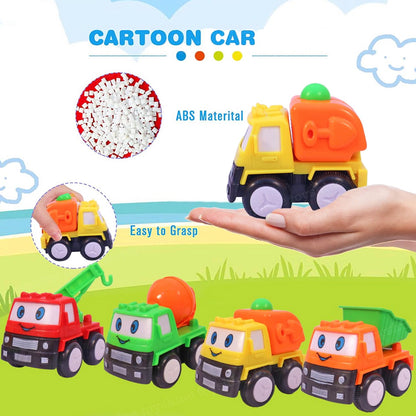 ToyBharat Construction Series 4pc Toy Car Set. Combination of 4 Vehicles, Funny Design with Eyes, Attractive Colour. Set of Dumper, Crane, Garbage Truck and Cement Mixer.