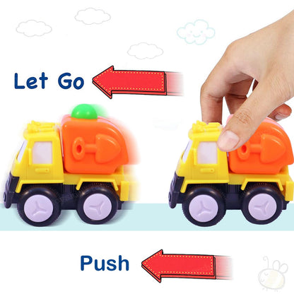 ToyBharat Construction Series 4pc Toy Car Set. Combination of 4 Vehicles, Funny Design with Eyes, Attractive Colour. Set of Dumper, Crane, Garbage Truck and Cement Mixer.