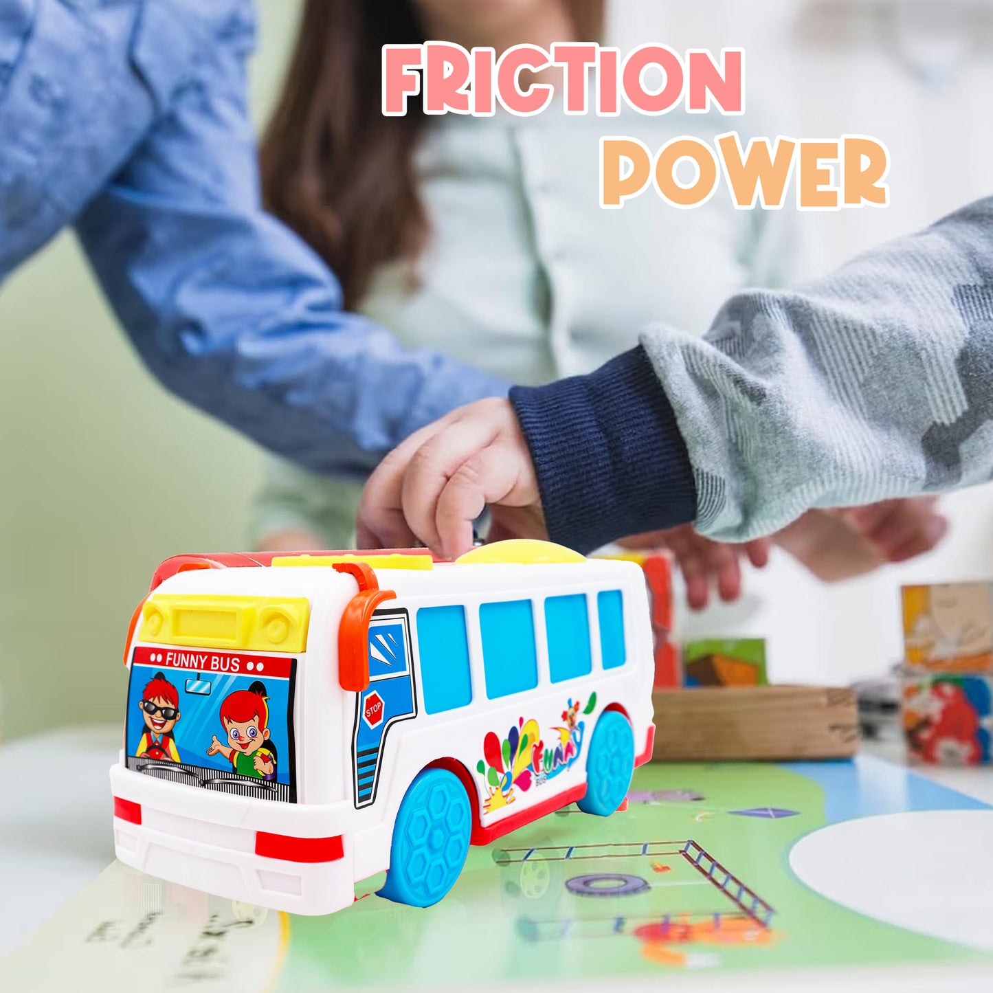 ToyBharat Funny Bus Friction Toy in Multicolour with Realistic Design is the perfect Travel Toy and Birthday Gift for Kids aged 1-6 Years. Safe, Non-Toxic, Battery-Free, ideal for Indoor and Outdoor Play.