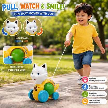 ToyBharat Pulling Funny Cat is a multicolour pull-along toy designed for toddlers aged 1-6 years. Made from safe and non-toxic materials, it's perfect for indoor and outdoor play and makes a fun kids’ gift.