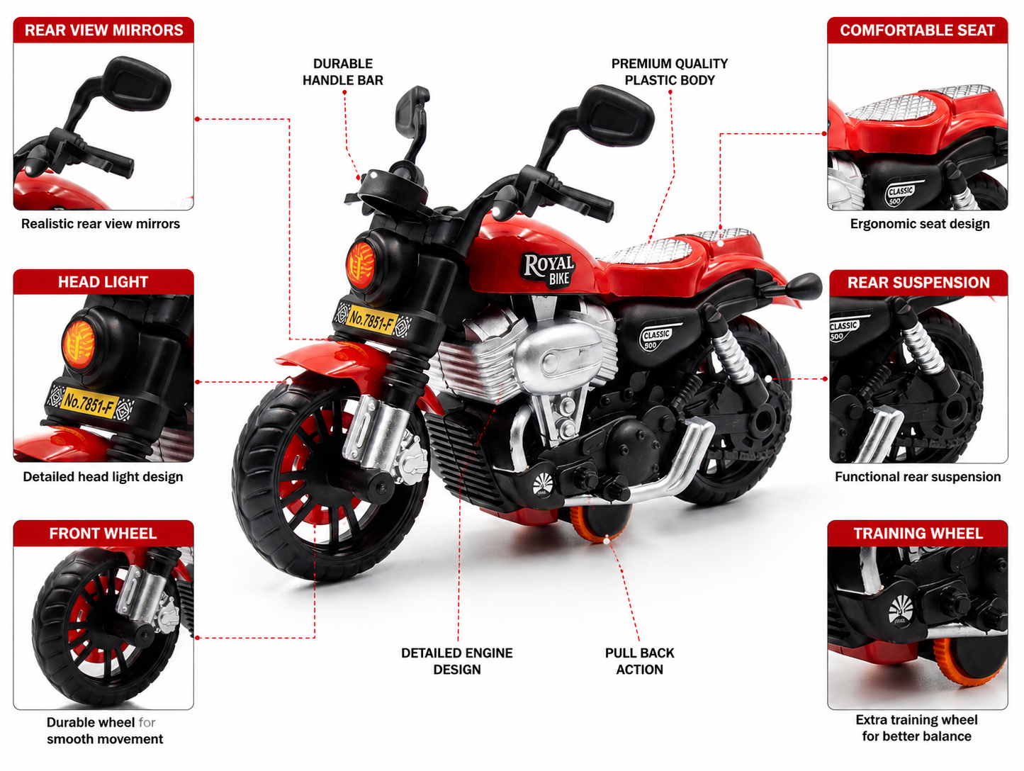 ToyBharat Royal Bike is a multicolour friction-powered travel toy with a stylish design, perfect for kids aged 1 to 6 years. Made from safe, non-toxic materials, it's durable, fun, and a great birthday gift.