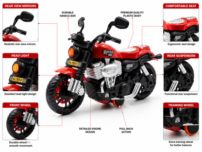 ToyBharat Royal Bike is a multicolour friction-powered travel toy with a stylish design, perfect for kids aged 1 to 6 years. Made from safe, non-toxic materials, it's durable, fun, and a great birthday gift.