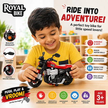 ToyBharat Royal Bike is a multicolour friction-powered travel toy with a stylish design, perfect for kids aged 1 to 6 years. Made from safe, non-toxic materials, it's durable, fun, and a great birthday gift.