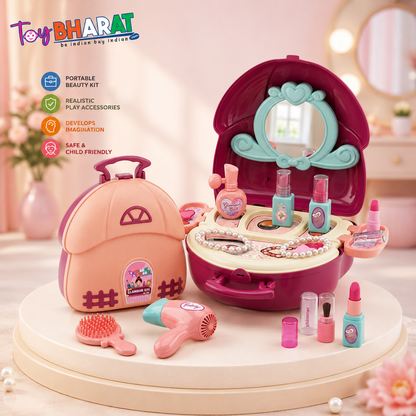 Toybharat Makeup Kit Set for Kids Ages 3-6 Year Old Girls | 2-in-1 Playset Portable Pretend Play Toy for Baby Girl | Activity Toys| Safe and Non-Toxic | Lightweight Bag Style Kit | Birthday Gift for Girls of 3 to 6