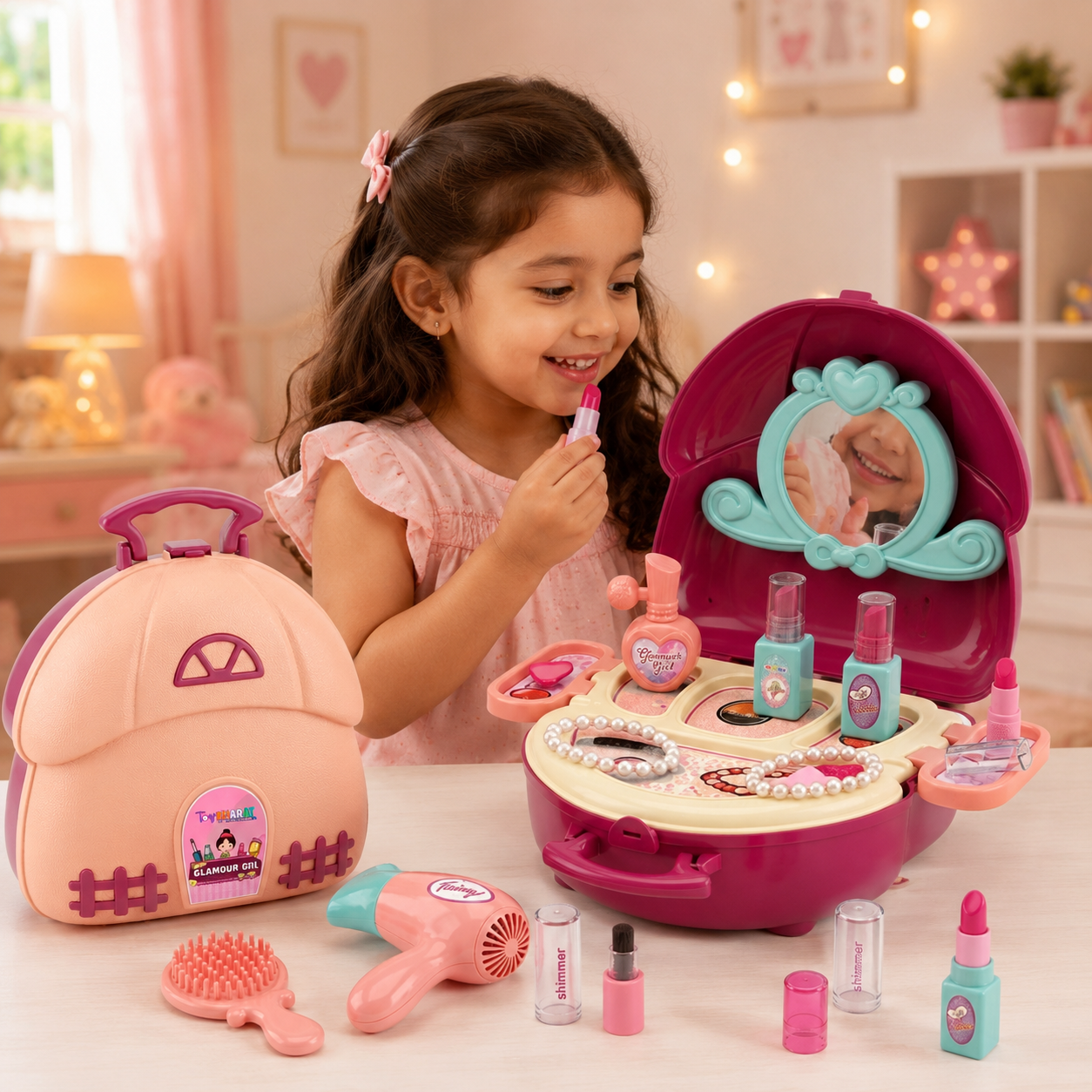 Toybharat Makeup Kit Set for Kids Ages 3-6 Year Old Girls | 2-in-1 Playset Portable Pretend Play Toy for Baby Girl | Activity Toys| Safe and Non-Toxic | Lightweight Bag Style Kit | Birthday Gift for Girls of 3 to 6