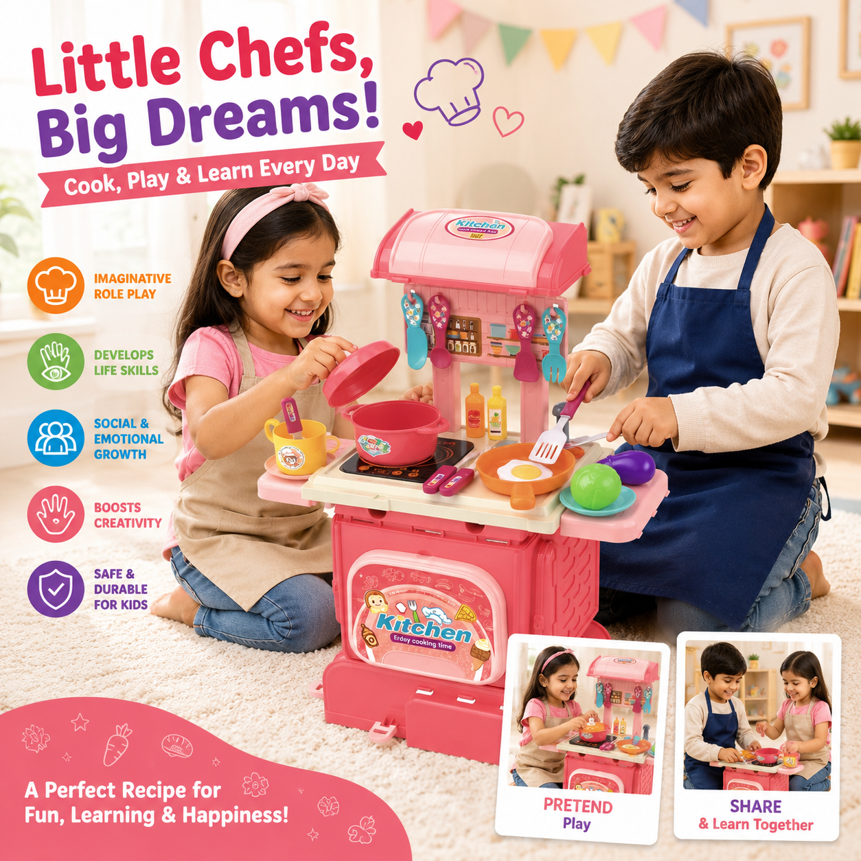 Toybharat 2-in-1 Kitchen Set | Cooking Pretend Play Toy | Portable School Bag Style Kitchen Playset for Girls & Boys Age 3–7 | Role Play Cooking Game | Birthday Gift for Kids