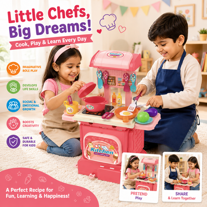 Toybharat 2-in-1 Kitchen Set | Cooking Pretend Play Toy | Portable School Bag Style Kitchen Playset for Girls & Boys Age 3–7 | Role Play Cooking Game | Birthday Gift for Kids