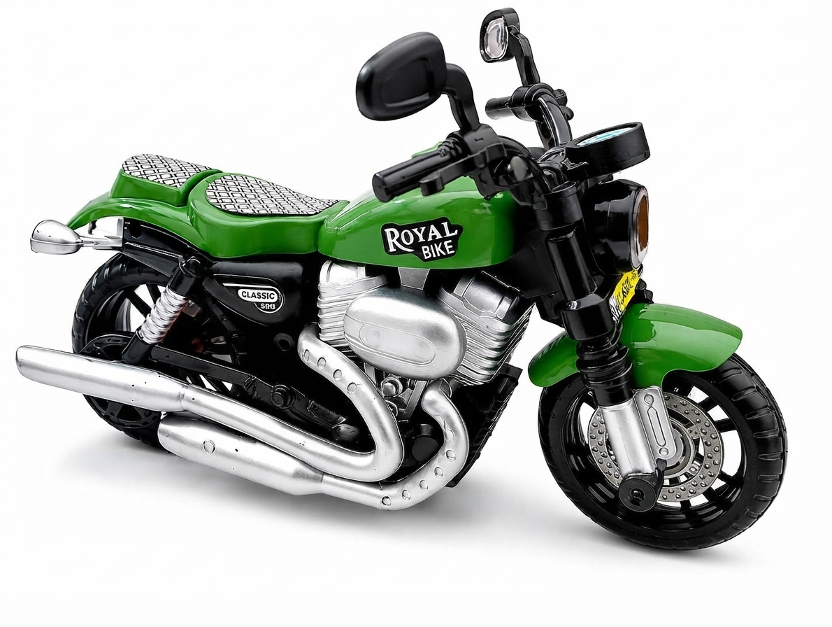 ToyBharat Royal Bike is a multicolour friction-powered travel toy with a stylish design, perfect for kids aged 1 to 6 years. Made from safe, non-toxic materials, it's durable, fun, and a great birthday gift.