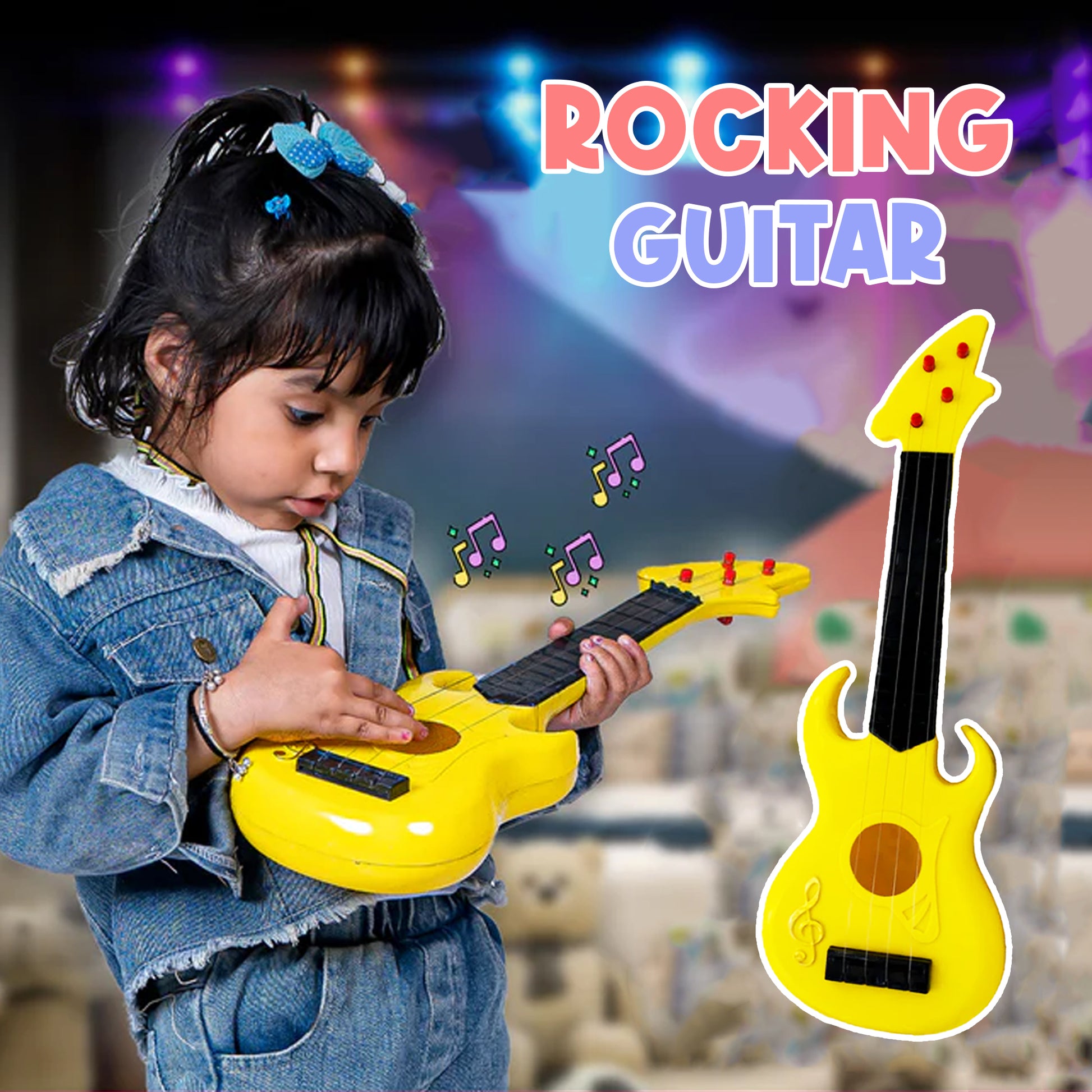 ToyBharat Rocking Guitar is a vibrant multicolour musical toy made in India, perfect for kids aged 1-6 This interactive toy promotes music