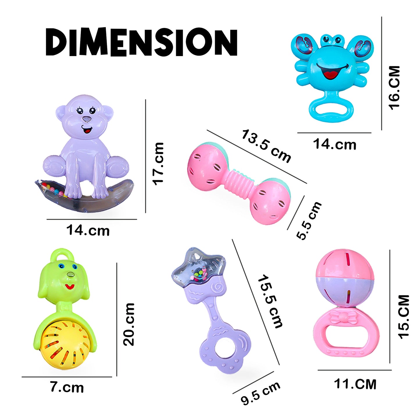 ToyBharat Baby Rattle Set – 6 Colorful Toys (Monkey, Ring, Dog, Crab, Hammer, Star) | Safe, Sound-Making & Easy to Carry | Made in India | For Toddlers (1-6 Years) | Multicolour