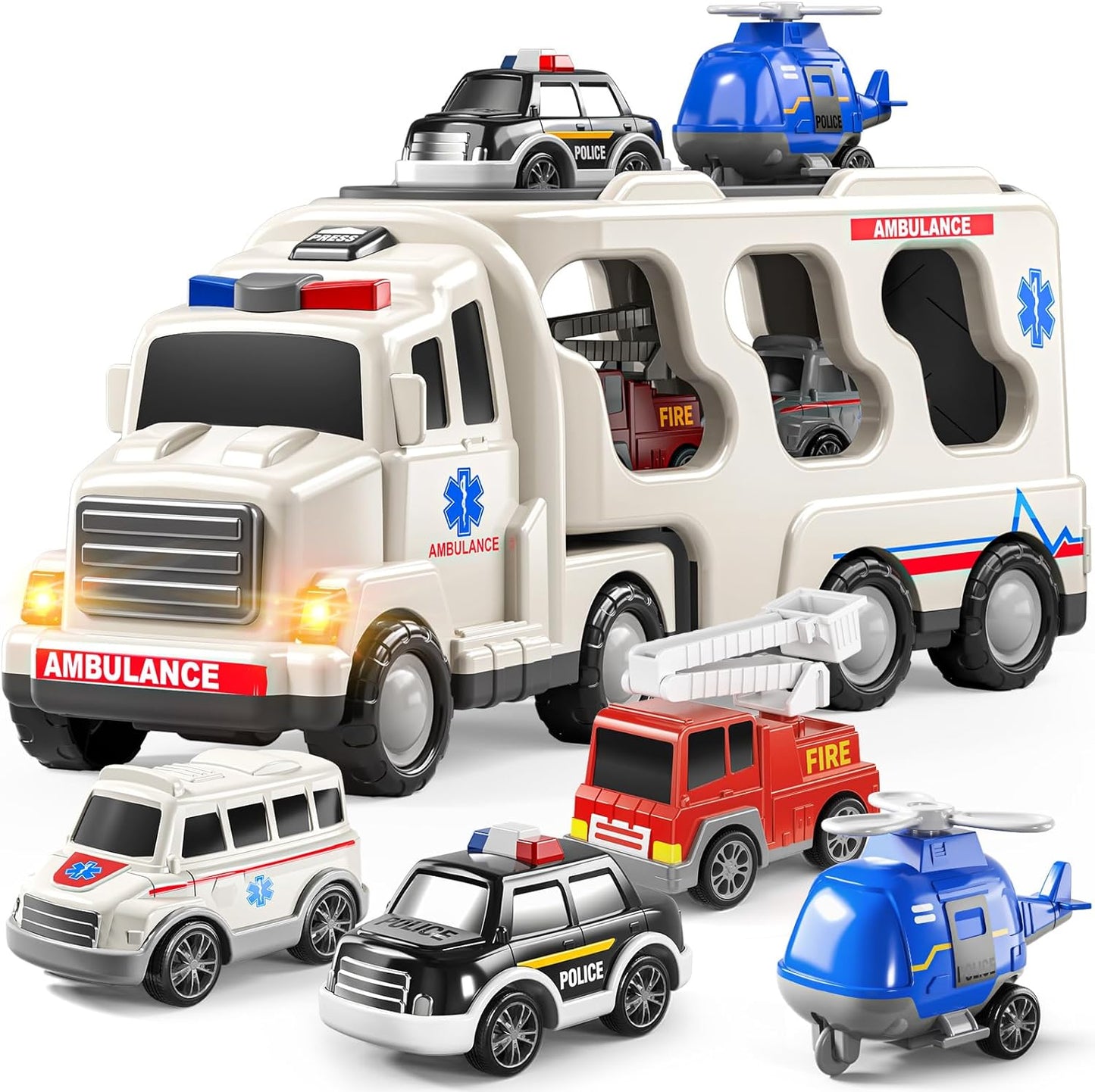 Toybharat Ambulance Carrier Truck | Multicolour | Interactive Toys |battery Operated Light And Sound Effect Truck for Kids Gift